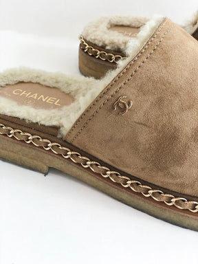 Chanel Shearling Suede Mules