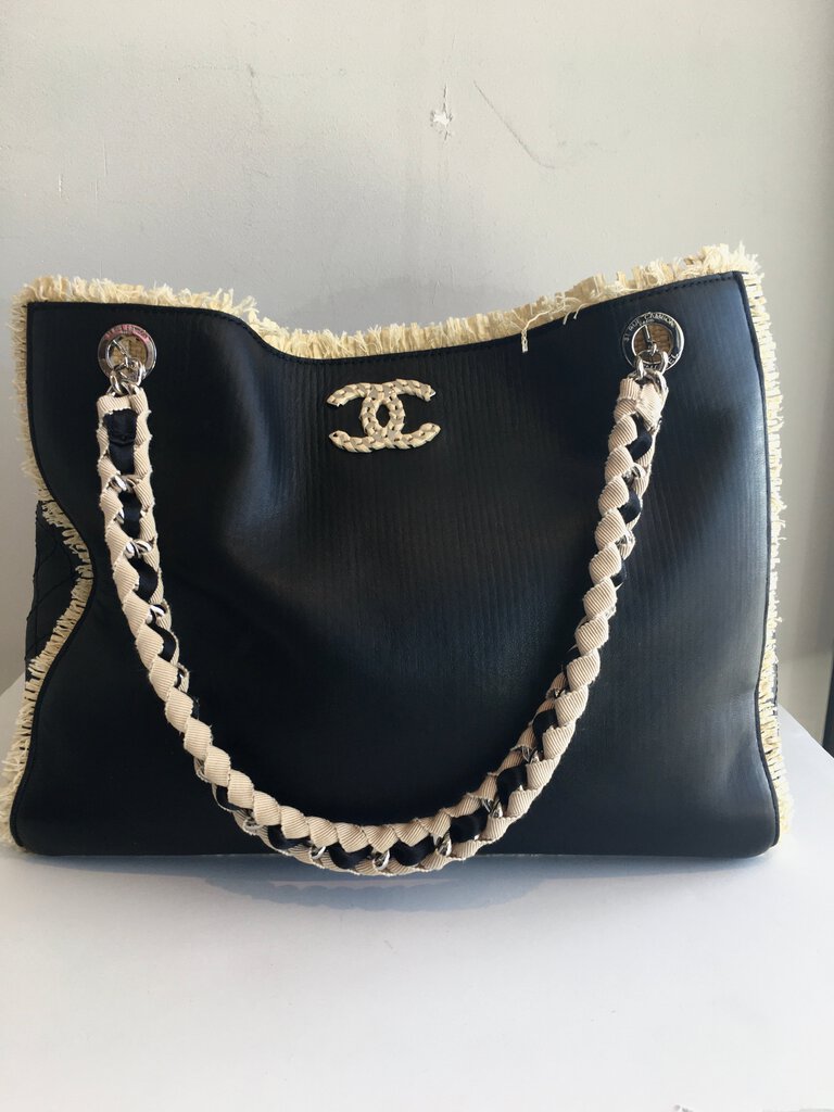 Chanel Leather Tote With Raffia Trim