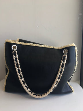 Chanel Leather Tote With Raffia Trim