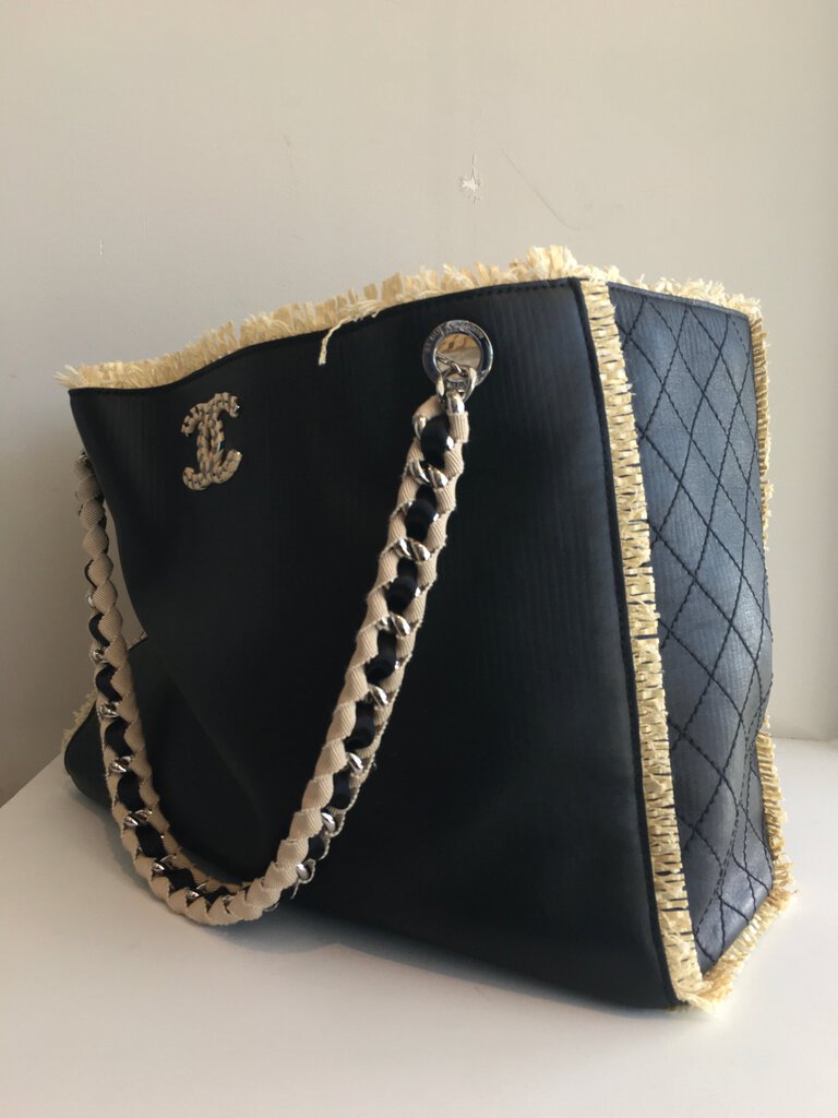 Chanel Leather Tote With Raffia Trim