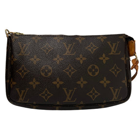 Front View: Monogram Canvas, Zipper Closure, Gold Hardware, Removable Strap.