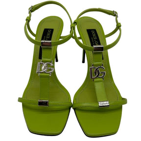 Dolce Gabbana DG Logo Leather Sandal, Size 39, Green Leather, Silver Tone Hardware, Logo Accent, Adjustable Ankle Strap, Buckle Closure, Padded Leather Insole, Smooth Leather Sole, Heel Height: 3.5". Condition: Excellent.