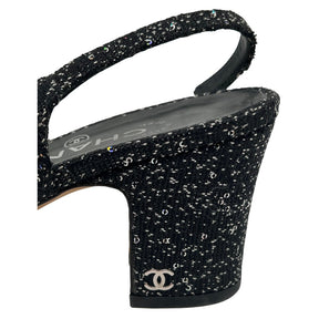 Close-Up: Block Heel, Black with Glitter Accents, Interlocking CC Logo. 