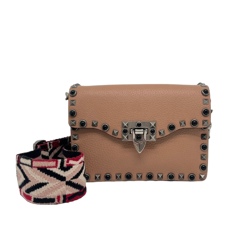 Valentino Rolling Rockstud Crossbody Bag, Peach Leather Exterior, Silver Tone Hardware, Single Adjustable Shoulder Strap, Studded Accents, Canvas Lining, Dual Interior Pockets, Front Clasp Closure, Condition: Good