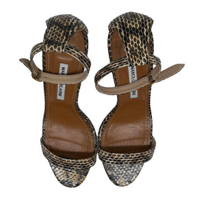 Manolo Blahnik snakeskin stiletto sandal, leather snakeskin exterior, adjustable strap around ankle, size 41, heel height 3.75", condition excellent