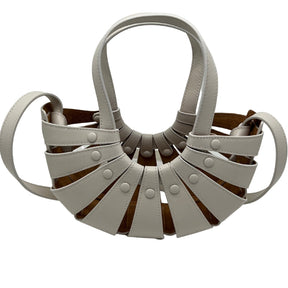 Front View 2: Cutout Leather Mini Tote Bag, Top Handle, Long Shoulder Strap.