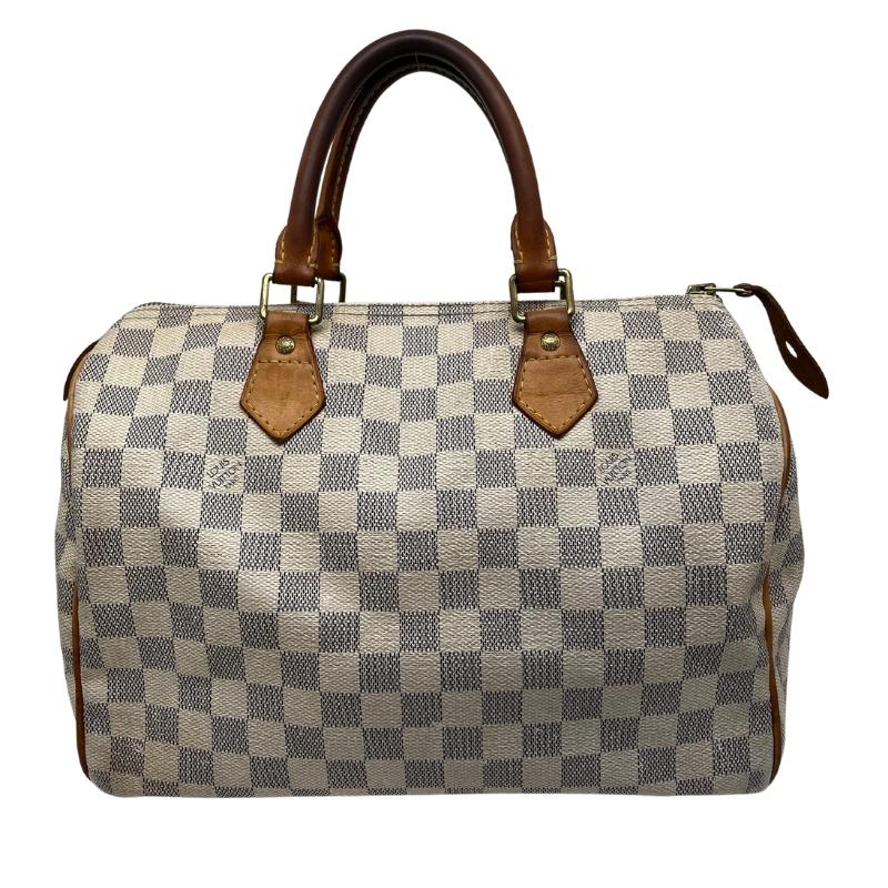 Louis Vuitton Damier Azur Speedy 25 in white coated canvas, brass hardware, rolled handles, single interior pocket. Good condition with some distressing