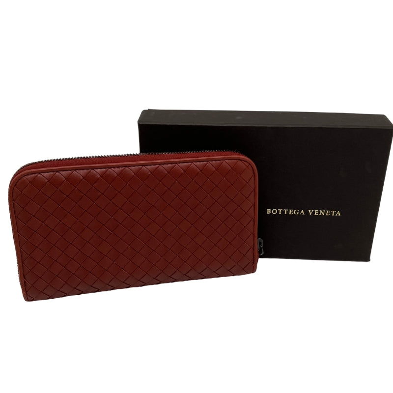 Front View 1:  Intrecciato Woven Leather, Red Color, Zip Around Closure, Box Included. 