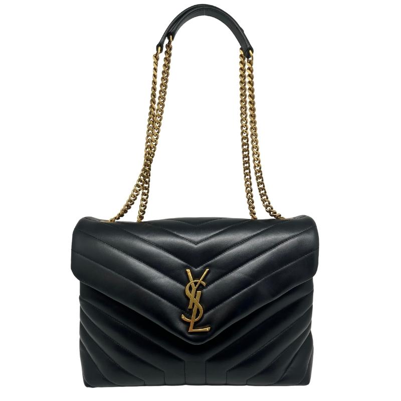 Saint Laurent medium loulou matelasse bag, black chevron quilted leather exterior, gold hardware, ysl gold logo at front closure, snap closure, chain straps, grosgrain lining, dual interior pockets, condition excellent, front view
