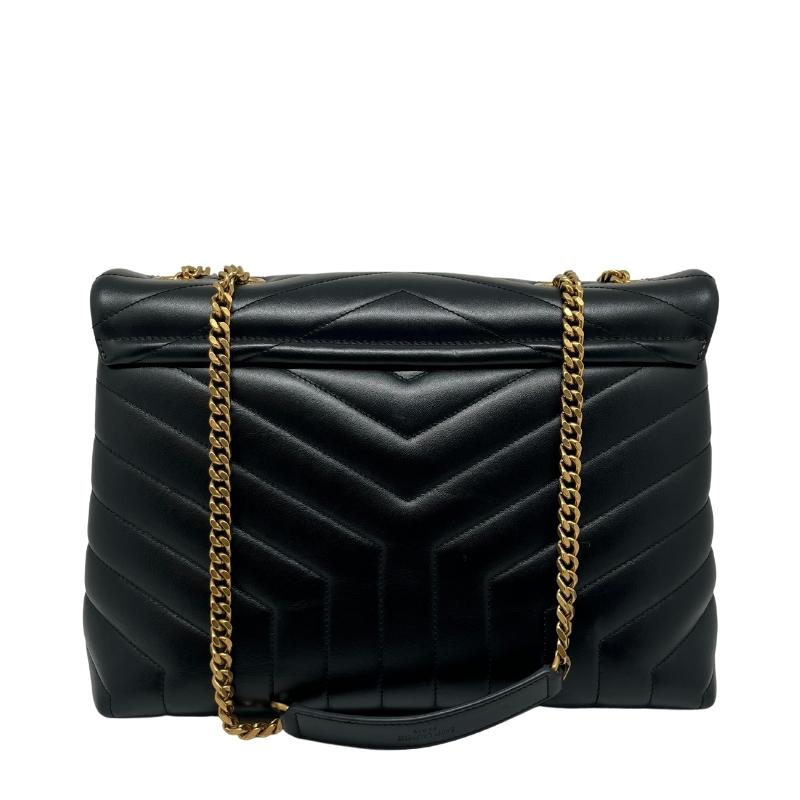 Saint Laurent medium loulou matelasse bag, black chevron quilted leather exterior, gold hardware, ysl gold logo at front closure, snap closure, chain straps, grosgrain lining, dual interior pockets, condition excellent, back view