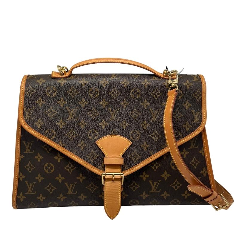 Louis Vuitton monogram beverly briefcase GM, LV logo coated canvas exterior, flap closure with buckle, light brown leather trim, removable adjustable shoulder strap, top handle, single interior pocket, condition excellent, front view