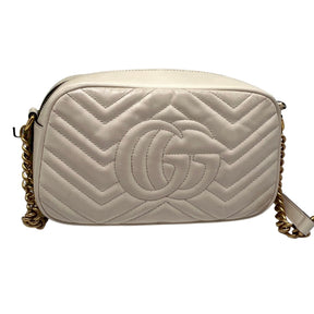 Back View: White Chevron Leather with GG on the Back, Gold-Tone Hardware, Double G, Adjustable Shoulder Strap, Zip Closure.