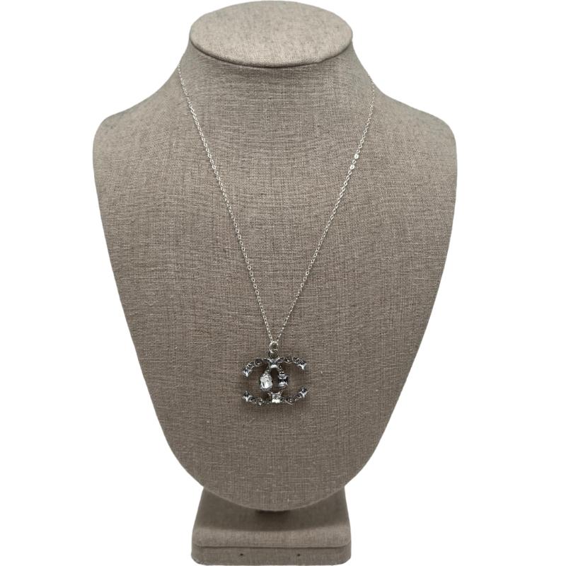 designer button necklace, authentic rhinestone chanel logo button, silver chain