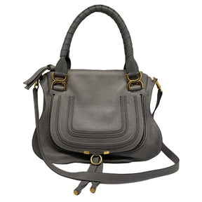 Chloe Medium Leather Marcie Bag, Grey Leather, Gold Tone Hardware, Rolled Handles, Removable Shoulder Strap, Single Exterior Pocket, Dual Interior Pockets, Zip Closure at Top, condition excellent