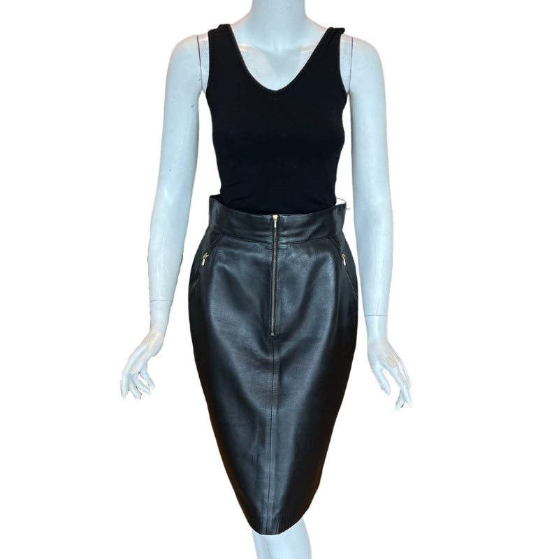 Chanel Lambskin Leather Pencil Skirt, Size 4/S, Black Lambskin Leather, Front Zipper Details  Back Slit, Chanel Button Details, Condition: Excellent