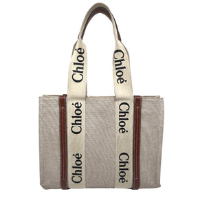Chloe Canvas Medium Woody Ribbon Tote Bag, Neutral Canvas Exterior, Graphic Print, Twill Lining, Single Interior Pocket, Leather Trim Embellishment, Open Top 