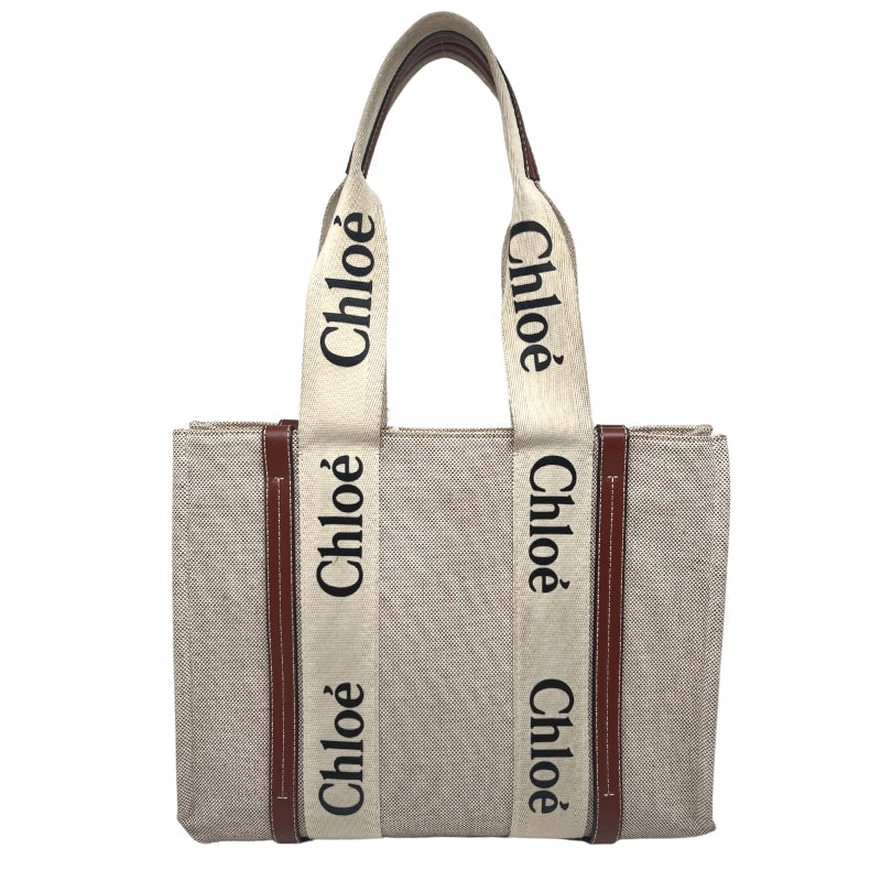 Chloe Canvas Medium Woody Ribbon Tote Bag, Neutral Canvas Exterior, Graphic Print, Twill Lining, Single Interior Pocket, Leather Trim Embellishment, Open Top 