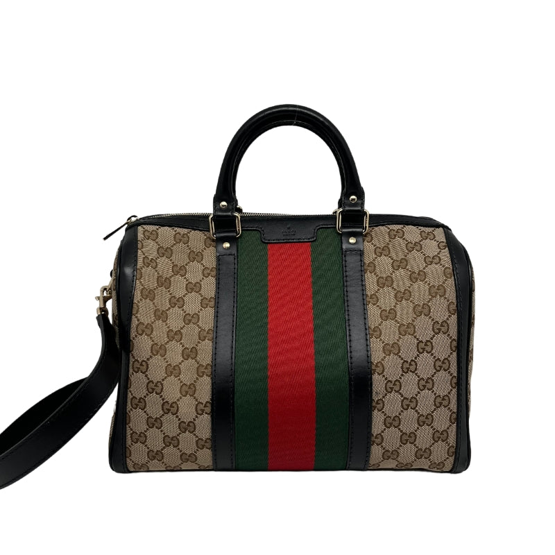 Gucci GG Canvas Web Boston Bag, GG Logo, Canvas Exterior, Web Stripe Detail, Leather Trim Embellishment, Rolled Handles, Single Shoulder Strap, Canvas Lining, Dual Interior Pockets, Zip Closure at Top, Condition Excellent