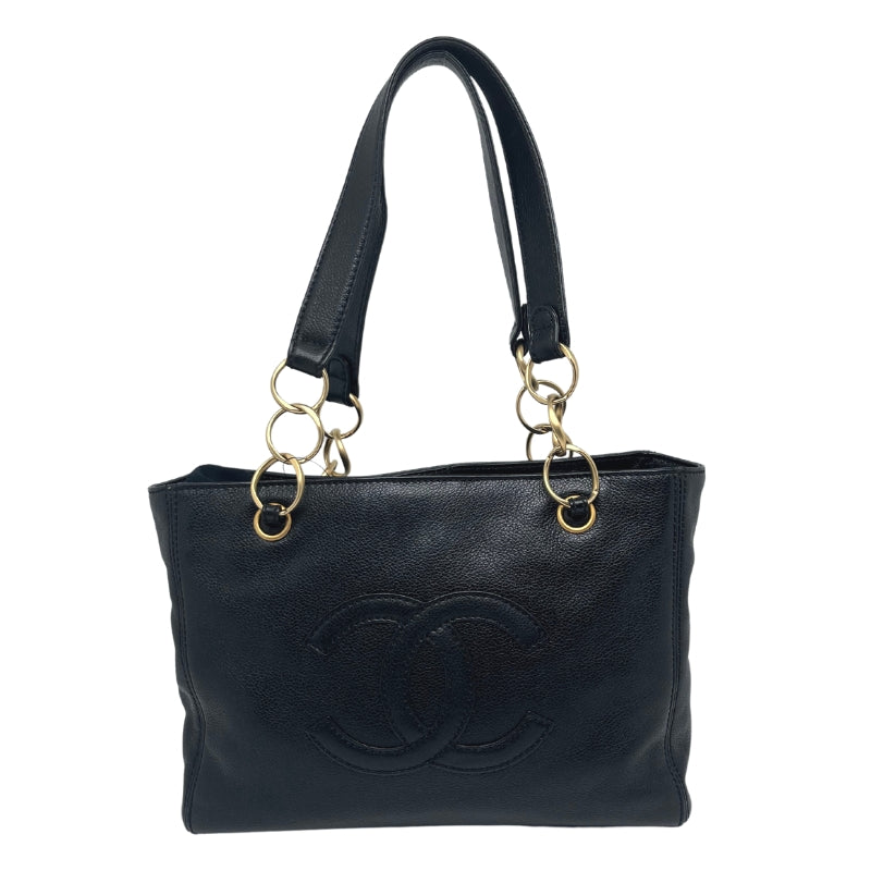 Chanel Small Black Tote, Leather Exterior, Dual Shoulder Strap, CC Logo, Chain Detail, Gold Tone Hardware, Snap Closure at Top, Two Interior Pockets, Condition: Excellent, Dust Bag Included