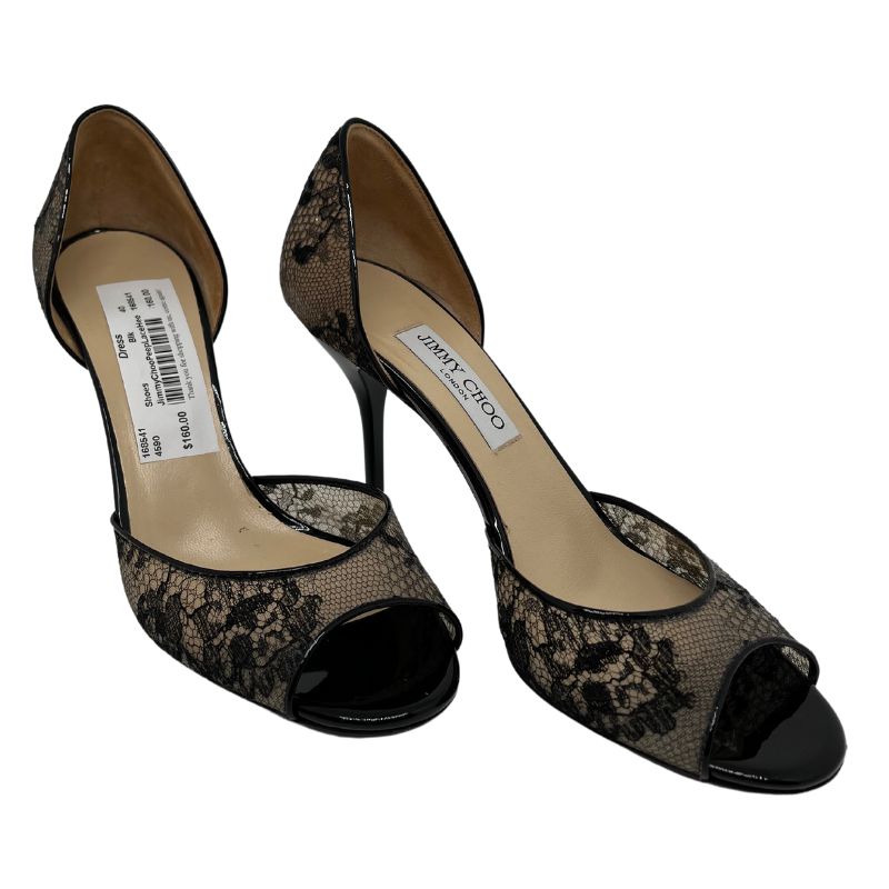 Jimmy Choo black lace peep toe heels with patent stiletto. Size 40, great condition