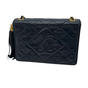 Chanel Vintage Navy Satin Leather Quilted Tassel Flap Bag