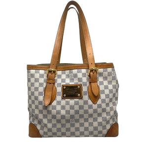 Louis Vuitton damier azure hampstead tote, brass hardware, dual adjustable shoulder straps, clasp closure at top, checker print coated canvas exterior, alcantara lining, felt insert, three interior pockets, condition excellent, front view