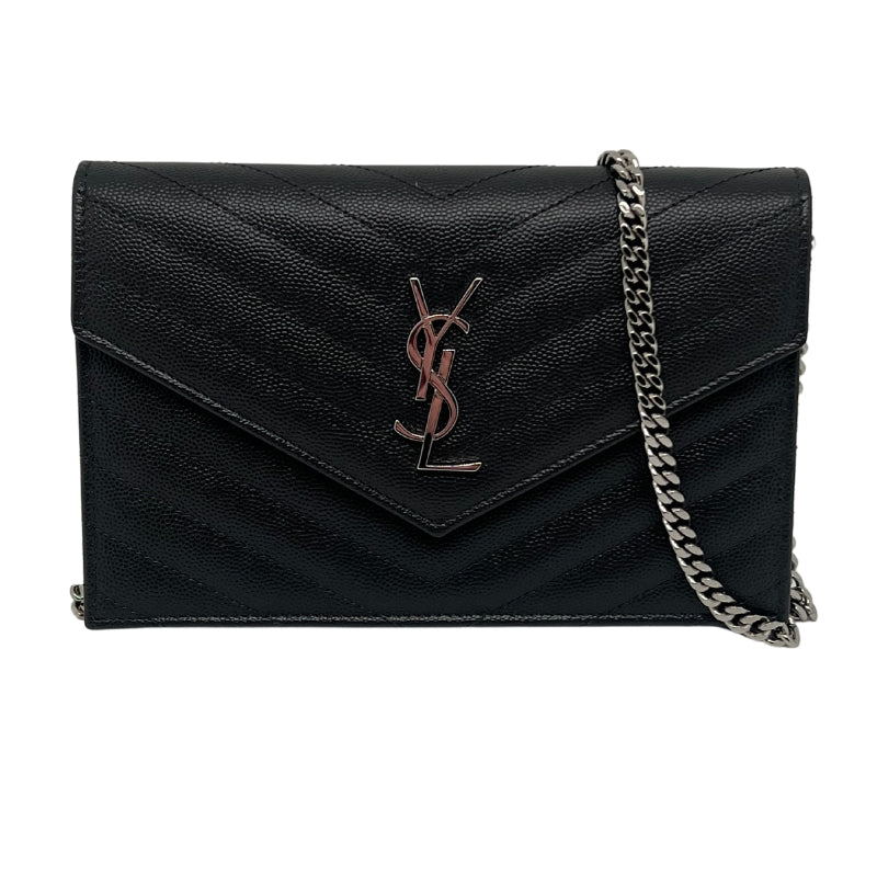 Front View: Calfskin Wallet on Chain with Chevron Stitching, Envelope Flat Top with YSL Logo, Snap Closure, Removable, adjustable chain and leather shoulder strap. 