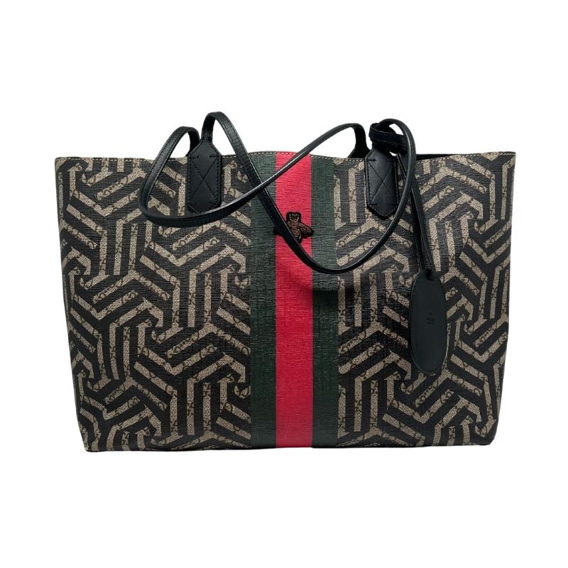 Gucci caleido medium tote, coated canvas exterior, gg logo with black pattern on top, red and green stripe down middle, dual leather shoulder straps, bee embellishment on front, black leather lining, open top, zipper interior pocket, condition excellent, front view
