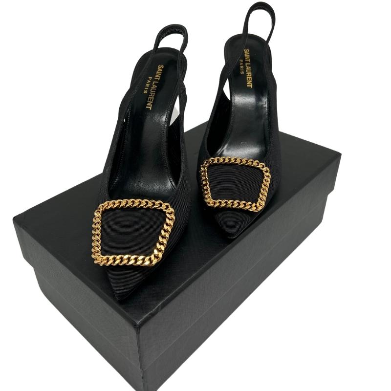 YSL Grosgrain Canvas St Sulpice Pumps, Size: 40, Pointed Toe, Black Fabric with Gold Chain-Like Brooch, Heel Height: 4", condition good