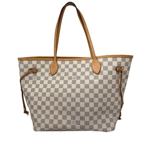 Louis Vuitton Damier Azur Neverfull MM, Louis Vuitton tote bag, checker print exterior, coated leather exterior, brass hardware, light brown leather trim, dual shoulder straps, clasp closure at top, jacquard lining, single interior pocket, condition excellent