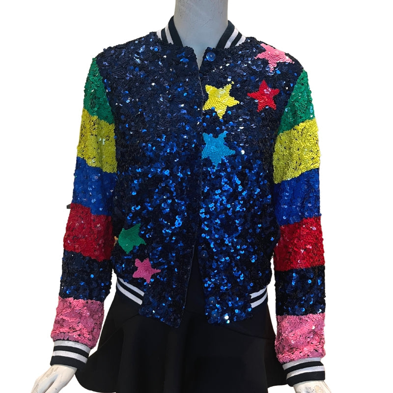 Mira Mikata Hand Embroidered Sequin Bomber Jacket, Size 4, Allover Sequins with Back Design, Ribbed Knit Trim, Twill Lining, Zip Placket, Condition Excellent