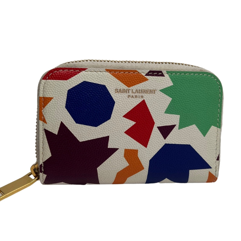 Front View: White Leather, Multicolor Printed Patterns, Gold-toned Hardware, Zip-around Closure, Saint Laurent Logo Stamp at Front. 
