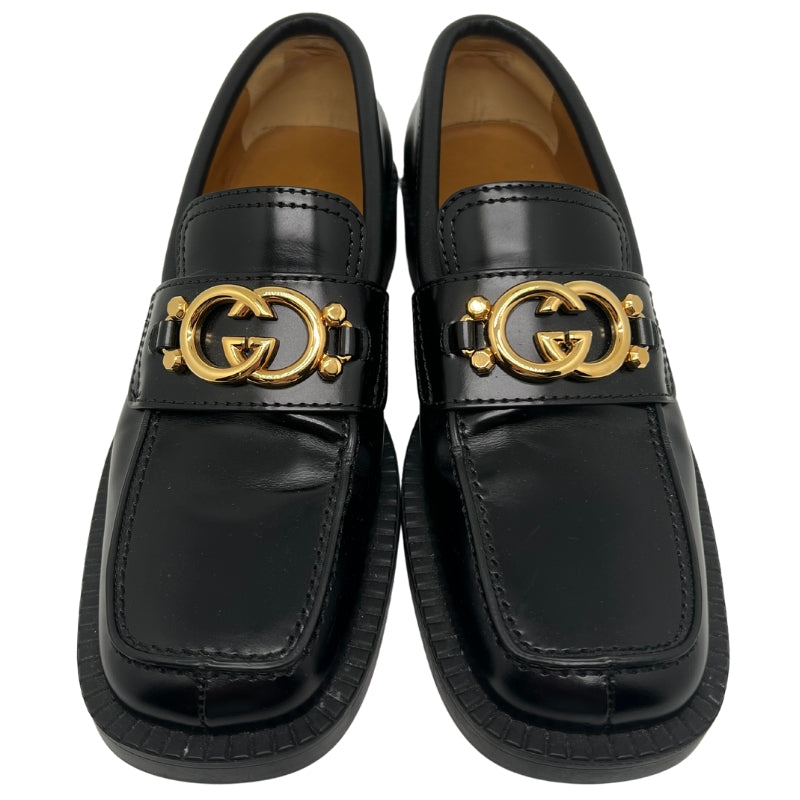 Gucci GG Chunky Loafers,Size 39,  Shiny Black Leather, Gold-Toned Hardware, Interlocking G with Studs,Low Heel, Heel Height: 1", Condition: Excellent. 