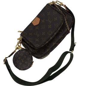 Front view: Louis Vuitton Multi Pochette Hybrid Crossbody Bag. Removable Coin Purse. Removable Mini Pochette Assessories. Removable Pochette Assessories. Chain Removable Strap. Army Green Removable Strap. Monogram Coated Canvas. Gold-Color Hardware. 