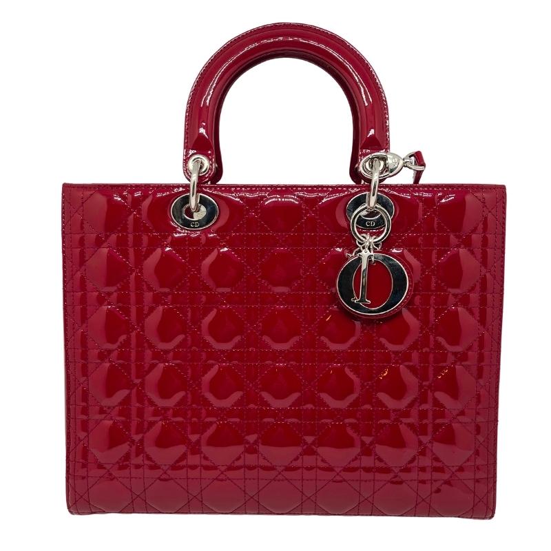 Christian Dior Large Patent Leather Lady Dior Bag, Red Patent Leather Exterior, Silver Tone Hardware, Flat Handles, Single Shoulder Strap, Single Interior Pocket, Jacquard Lining, Top Zip Closure, Condition: Excellent