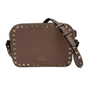 Valentino rockstud crossbody bag, taupe leather exterior, gold hardware, studs around trim, single adjustable studded shoulder strap, top zip closure, single interior pocket, canvas lining, condition excellent, front view