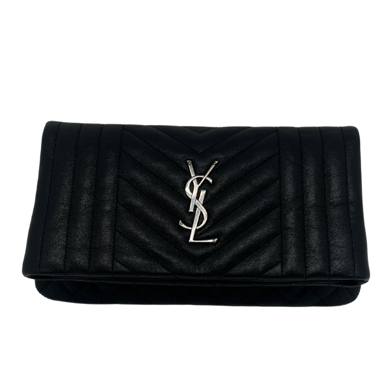 Front View: Calfskin Leather, Black Diamond, Linear, and Chevron Leather, Flap Features Aged Silver YSL Logo