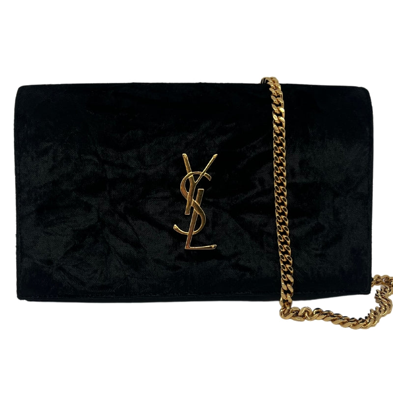 Front View: Black Velvet, Gold Chain Link Shoulder Strap, Facing Front Flap with Prominent Gold YSL Logo. 