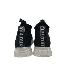 Miu Miu Black Stretch Sneakers, Size 39, Elastic Laces, Rubber Sole, Miu Miu Logo Details, Black Stretch Knit Upper, Condition: Fair