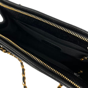 Chanel Vintage Caviar Shoulder Bag in black leather with gold tone hardware, chain link straps, dual exterior pockets, dual interior pockets, and zip closure at top. Great condition