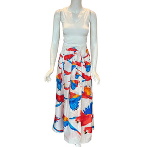 Sara Roka Parrot Printed Maxi Skirt, Size 46, Button Closure Down Front, Parrot Print, Condition: Excellent
