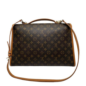 Louis Vuitton monogram beverly briefcase GM, LV logo coated canvas exterior, flap closure with buckle, light brown leather trim, removable adjustable shoulder strap, top handle, single interior pocket, condition excellent, back view
