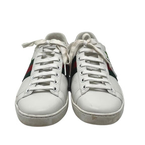 Gucci Ace Sneaker with Cherry Accent, Size 38, White Leather Exterior, Leather Lining, Rubber Sole, Signature Green and Red Stripe, Cherry Gucci Logo Patch, Red Leather Detail on Back, condition good with light wear
