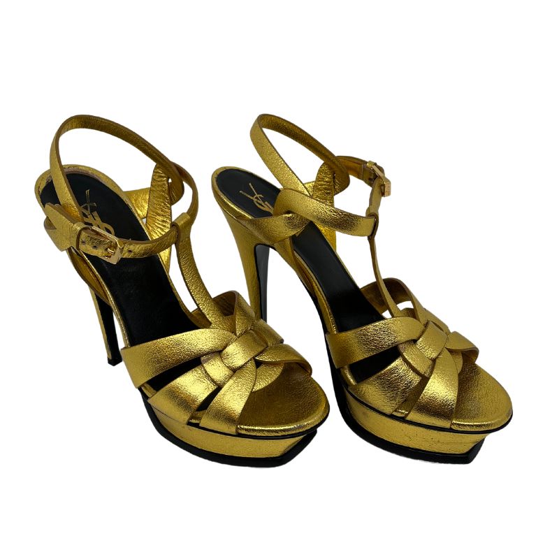Yves Saint Laurent Tribute Leather Slingback Heels, yellow metallic gold leather, stiletto heels, platform. Size 37.5 in great condition