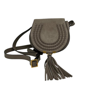 Chloe Suede Mini Marcie Crossbody Bag, Grey Suede Exterior, Gold Tone Hardware, Tassel Detail, Single Adjustable Shoulder Strap, Canvas Lining, Single Interior Pocket, Flap Front Closure, Condition: Excellent