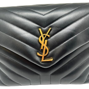 Saint Laurent medium loulou matelasse bag, black chevron quilted leather exterior, gold hardware, ysl gold logo at front closure, snap closure, chain straps, grosgrain lining, dual interior pockets, condition excellent, front view