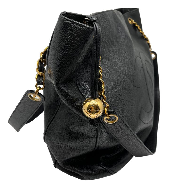 Chanel Vintage Black Caviar Tote with dual shoulder straps, dual interior pockets, and chain link accents. Great condition