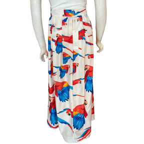 Sara Roka Parrot Printed Maxi Skirt, Size 46, Button Closure Down Front, Parrot Print, Condition: Excellent
