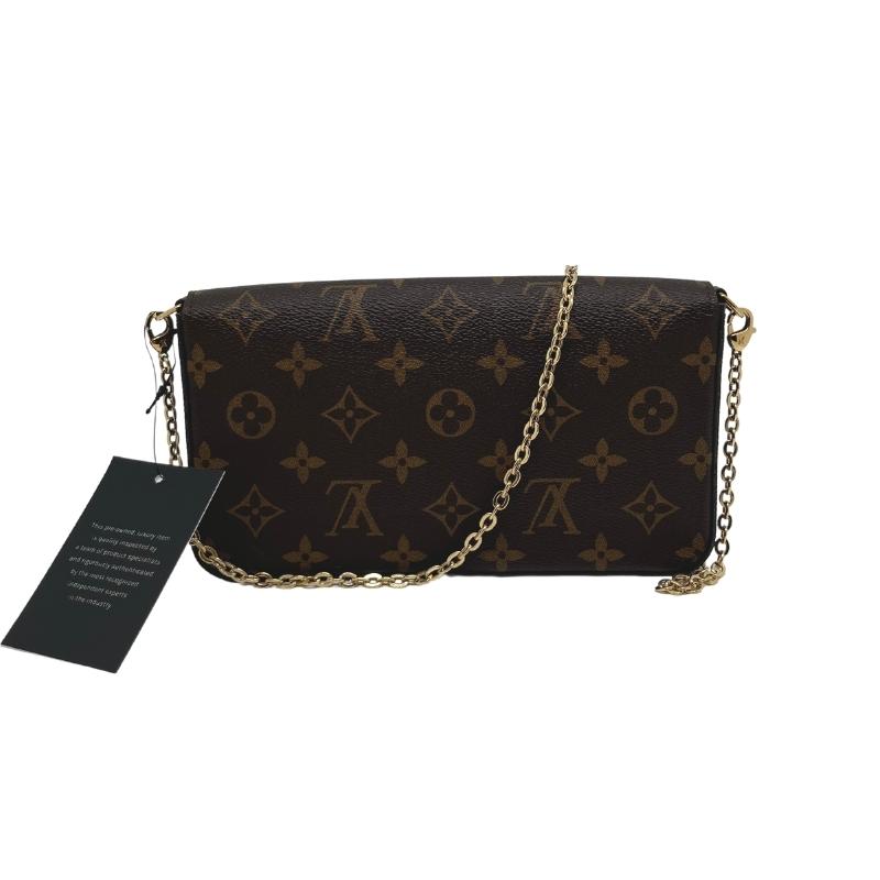 Louis Vuitton Monogram Pochette Felicie, Brown Coated Canvas, LV Monogram, Brass Hardware, Chain-Link Shoulder Strap, Canvas Lining, Snap Closure at Front, Canvas Card holder Insert, LV Monogram Coin Pouch Included, condition excellent