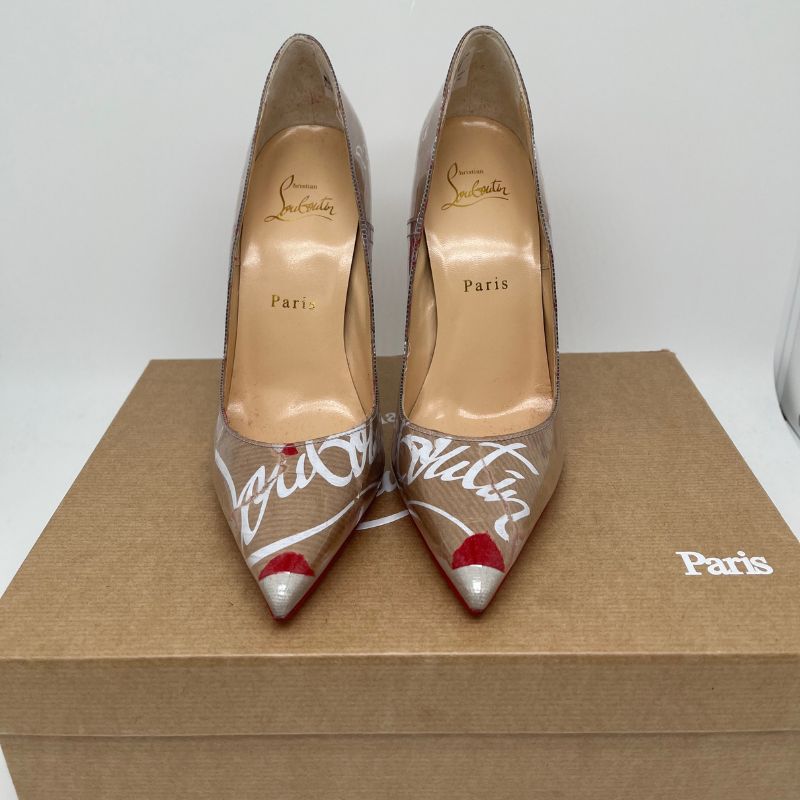 Christian Louboutin So Kate 120 PVC Pumps with pointed toe, 4.75" heel, and transparent exterior with distressed logo kraft paper. Like new in box